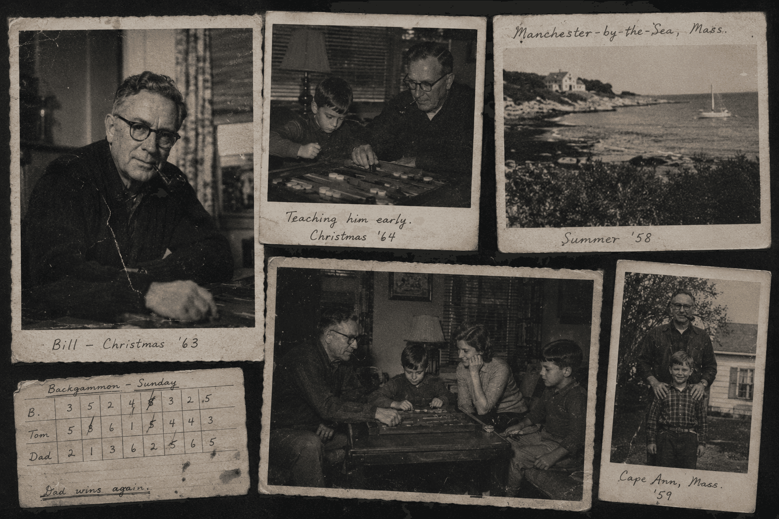 Family photographs of Bill, generations learning backgammon and a handwritten Sunday score card