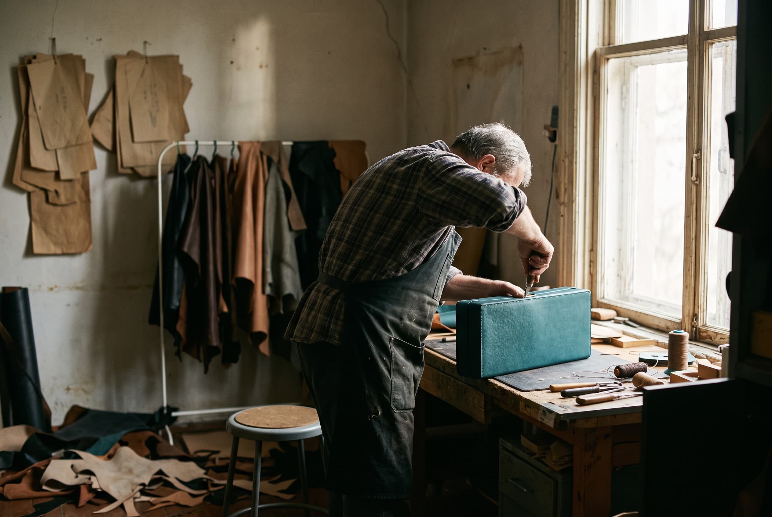 Saddle-stitching the leather case by hand at the bench