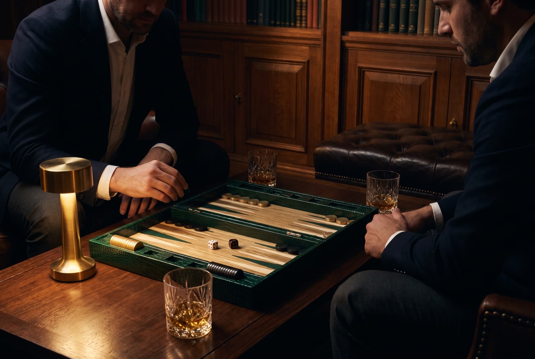 A game underway in the den, lamplight and whisky