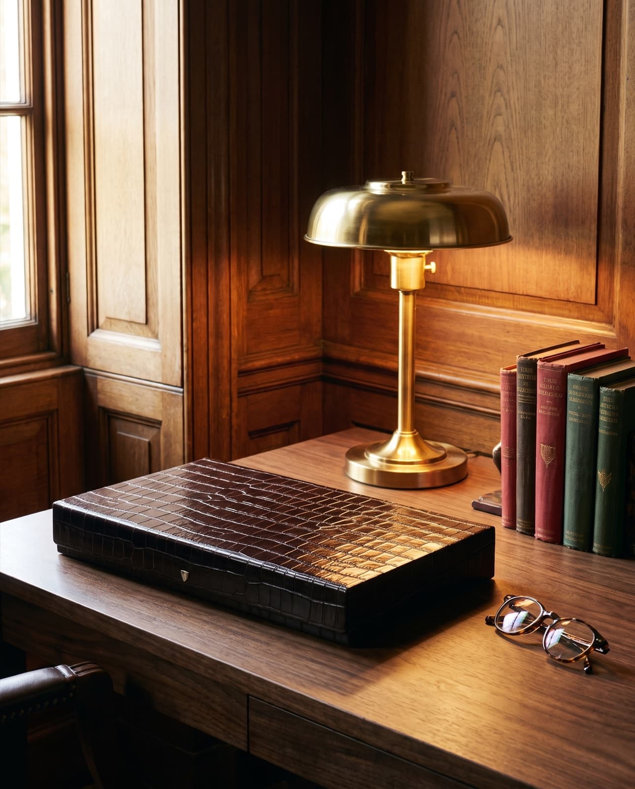 On the desk, beside the lamp