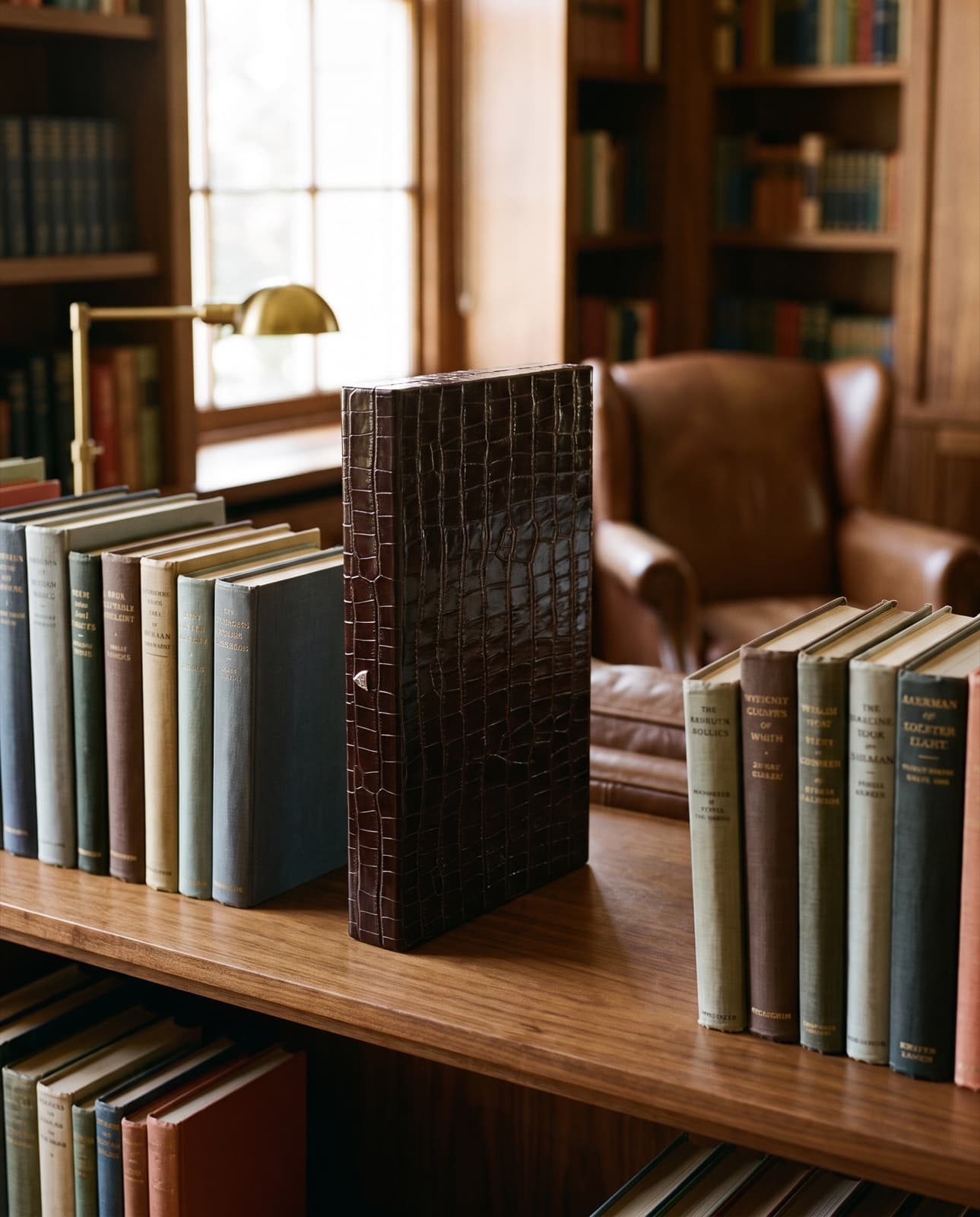 On the shelf, spine out, like a good book